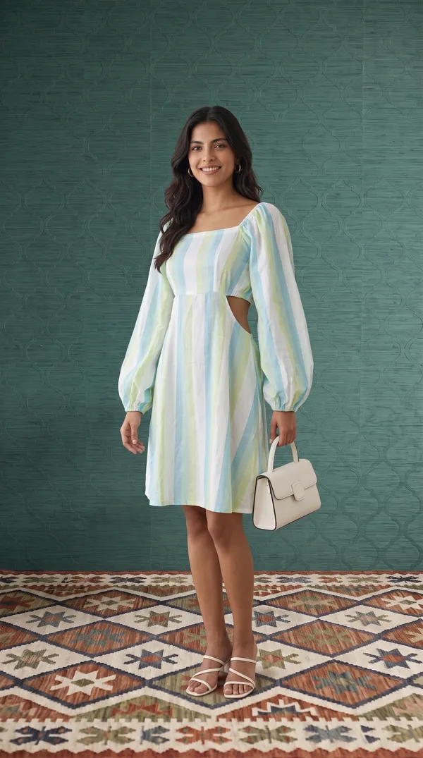 Green_Linen_Relaxed_Puff_Sleeve_Long_Dress_For_Women