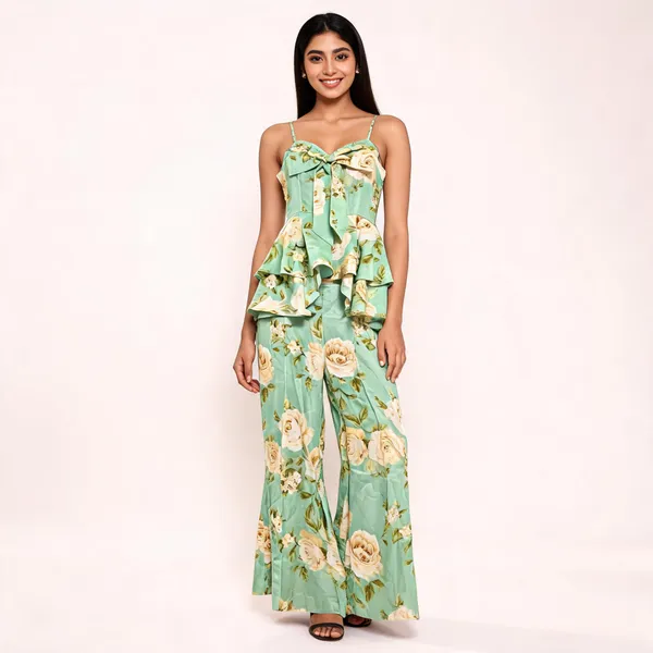 Green_Muslin_Sleeveless_Ruffled_Wide_Leg_Jumpsuit_For_Women
