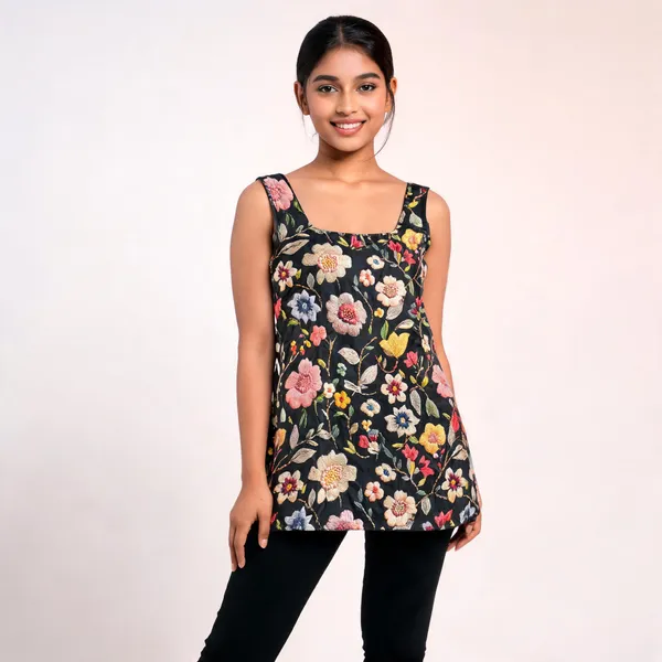 Black_Muslin_Sleeveless_Floral_Print_Short_Kurti_For_Women