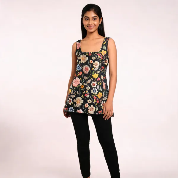 Black_Muslin_Sleeveless_Floral_Print_Short_Kurti_For_Women