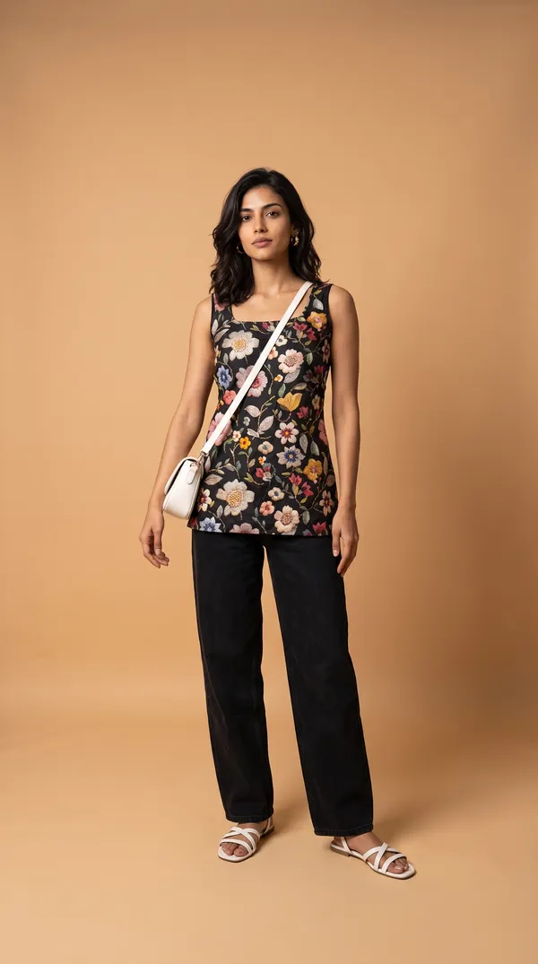 Black_Muslin_Sleeveless_Floral_Print_Short_Kurti_For_Women