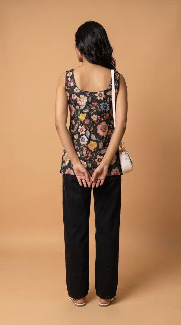 Black_Muslin_Sleeveless_Floral_Print_Short_Kurti_For_Women