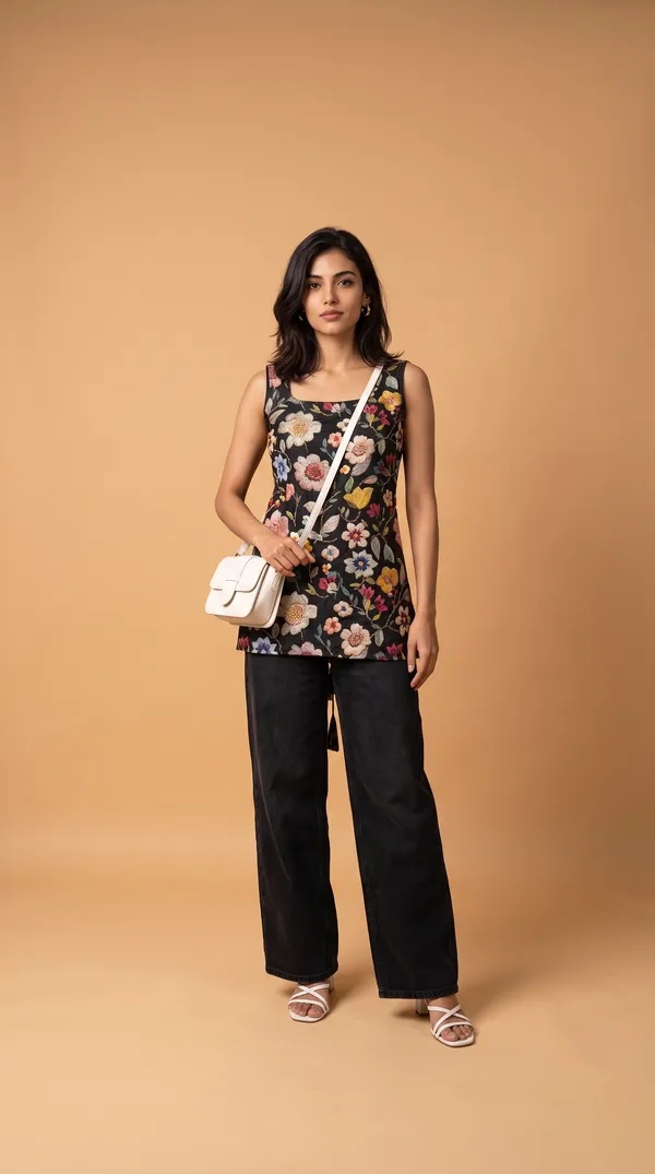 Black_Muslin_Sleeveless_Floral_Print_Short_Kurti_For_Women