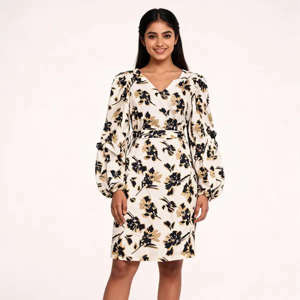 White_Rayon_Floral_Print_Tie_Waist_Dress_For_Women