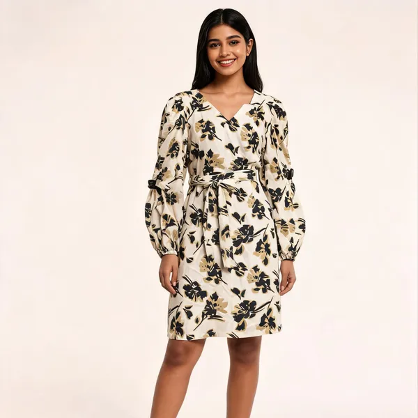 White_Rayon_Floral_Print_Tie_Waist_Dress_For_Women