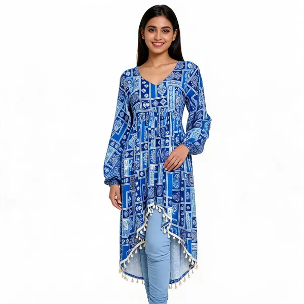 Blue_Rayon_Cotton_Flared_High_Low_Kurta_For_Women