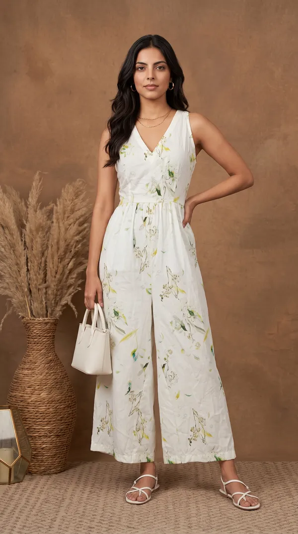 White_Muslin_Sleeveless_Floral_Print_Wide_Leg_Jumpsuit_For_Women