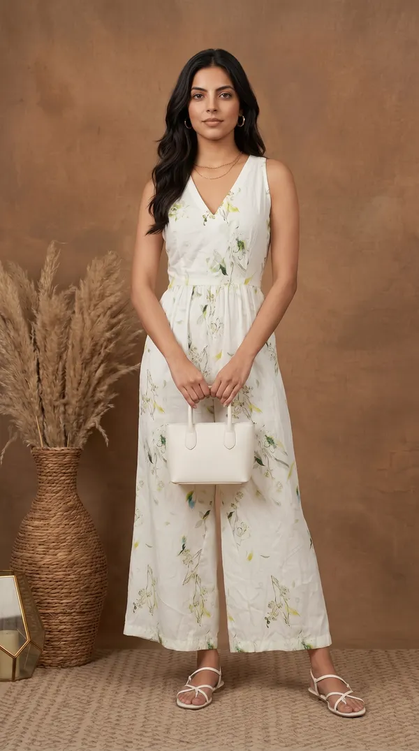 White_Muslin_Sleeveless_Floral_Print_Wide_Leg_Jumpsuit_For_Women