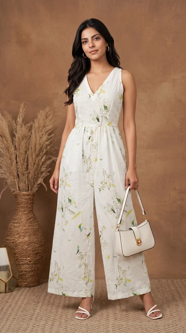 White_Muslin_Sleeveless_Floral_Print_Wide_Leg_Jumpsuit_For_Women