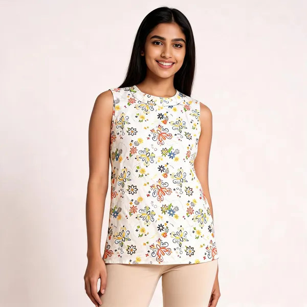 White_Muslin_Sleeveless_Floral_Print_Dress_For_Girls