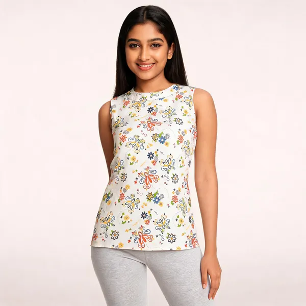 White_Muslin_Sleeveless_Floral_Print_Dress_For_Girls