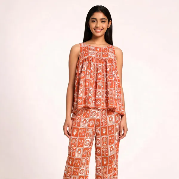 Rust_Muslin_Relaxed_Fit_Printed_Top_And_Pants_Set_For_Girls