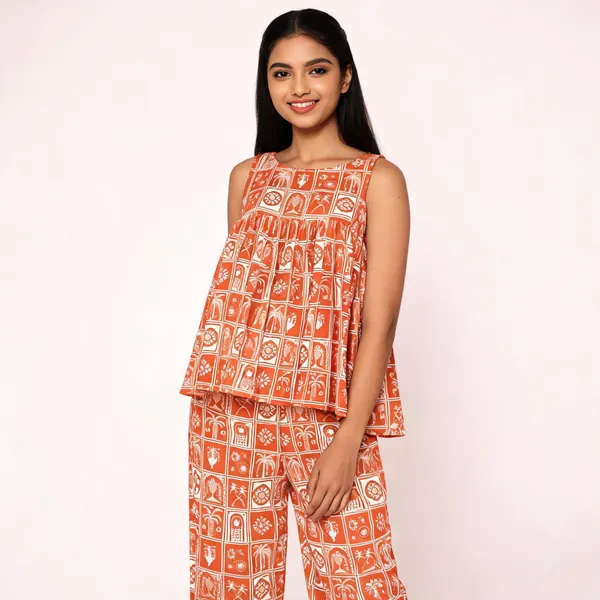 Rust_Muslin_Relaxed_Fit_Printed_Top_And_Pants_Set_For_Girls