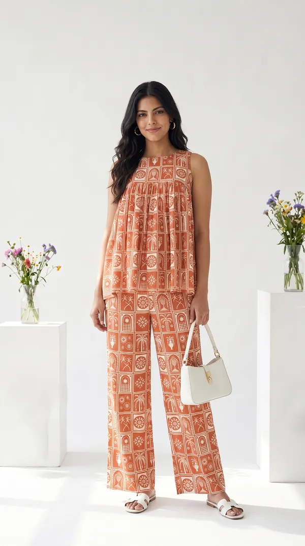 Rust_Muslin_Relaxed_Fit_Printed_Top_And_Pants_Set_For_Girls