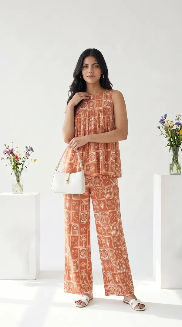 Rust_Muslin_Relaxed_Fit_Printed_Top_And_Pants_Set_For_Girls