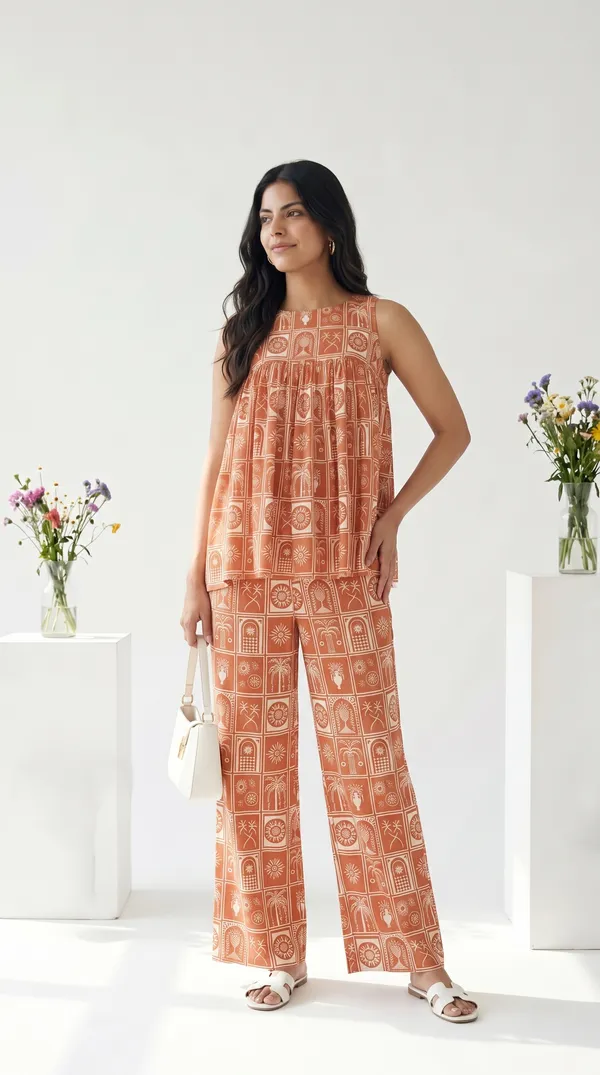 Rust_Muslin_Relaxed_Fit_Printed_Top_And_Pants_Set_For_Girls