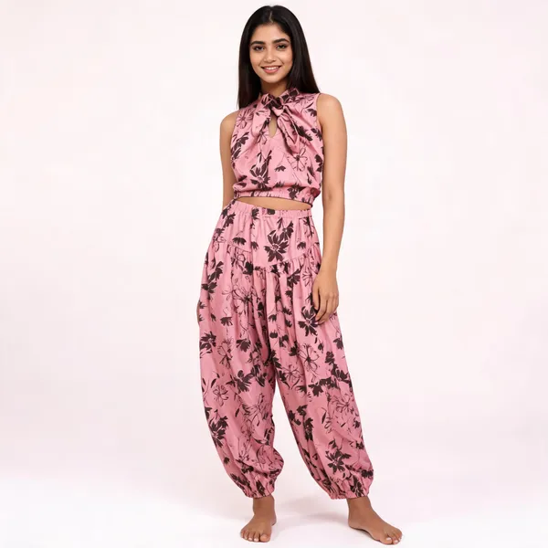 Pink_Rayon_Cotton_Floral_Print_Crop_Top_And_Harem_Pants_Set_For_Women
