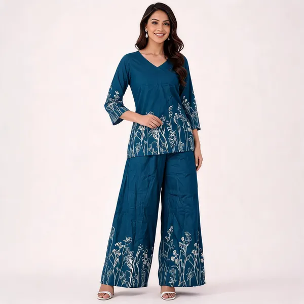 Teal_Rayon_Floral_Print_Kurta_Palazzo_Set_For_Women