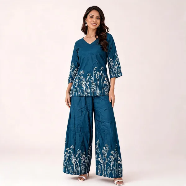 Teal_Rayon_Floral_Print_Kurta_Palazzo_Set_For_Women