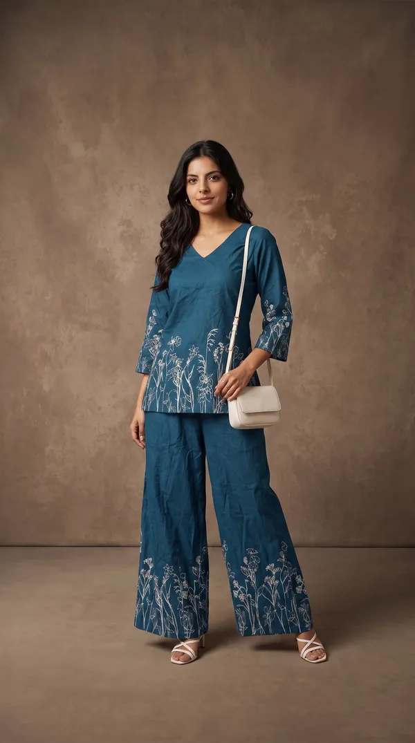 Teal_Rayon_Floral_Print_Kurta_Palazzo_Set_For_Women