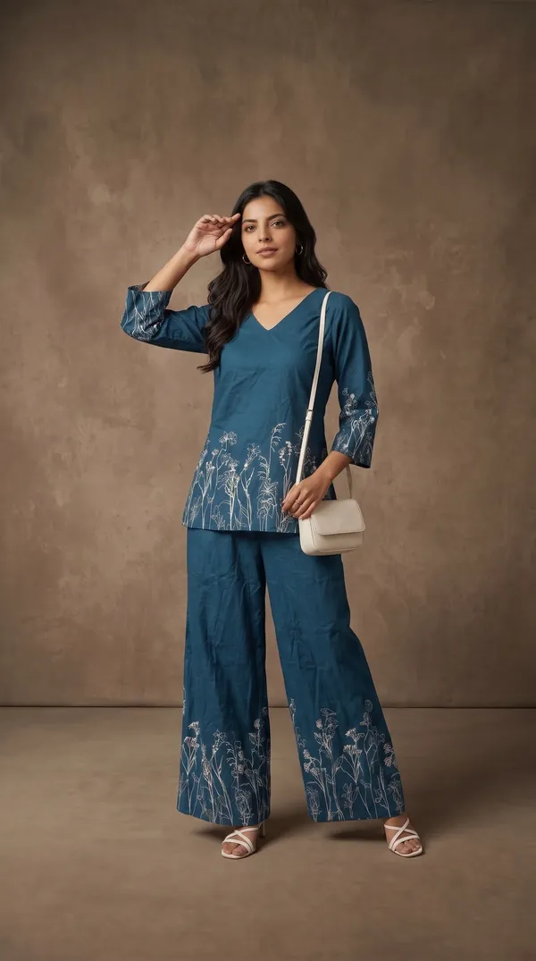 Teal_Rayon_Floral_Print_Kurta_Palazzo_Set_For_Women