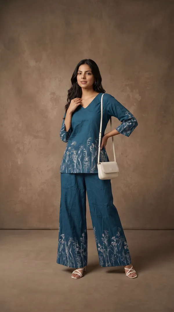Teal_Rayon_Floral_Print_Kurta_Palazzo_Set_For_Women