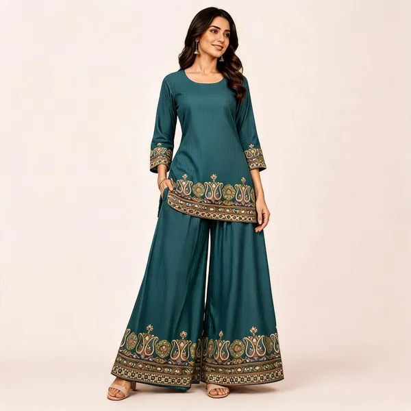 Teal_Linen_Cotton_Straight_Fit_Printed_Kurta_Palazzo_Set_For_Women