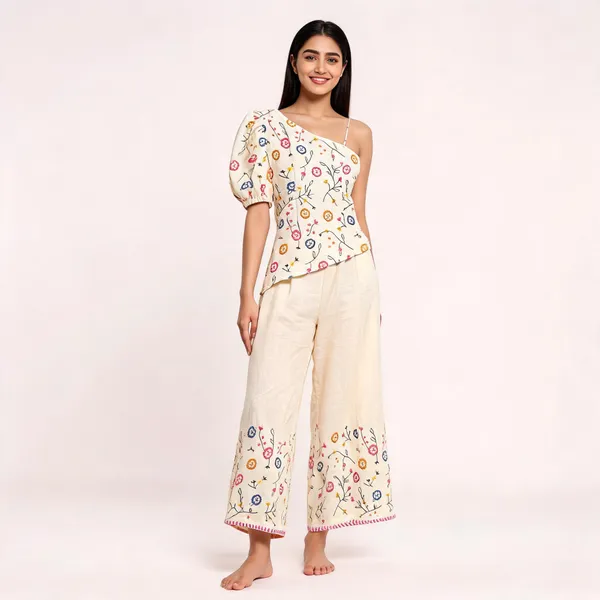 White_Linen_Cotton_Floral_Print_Asymmetric_Top_Palazzo_Set_For_Women