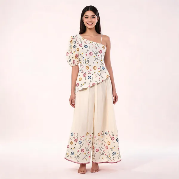 White_Linen_Cotton_Floral_Print_Asymmetric_Top_Palazzo_Set_For_Women