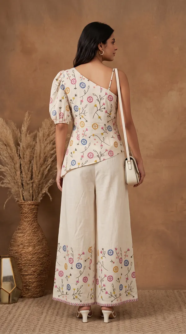 White_Linen_Cotton_Floral_Print_Asymmetric_Top_Palazzo_Set_For_Women