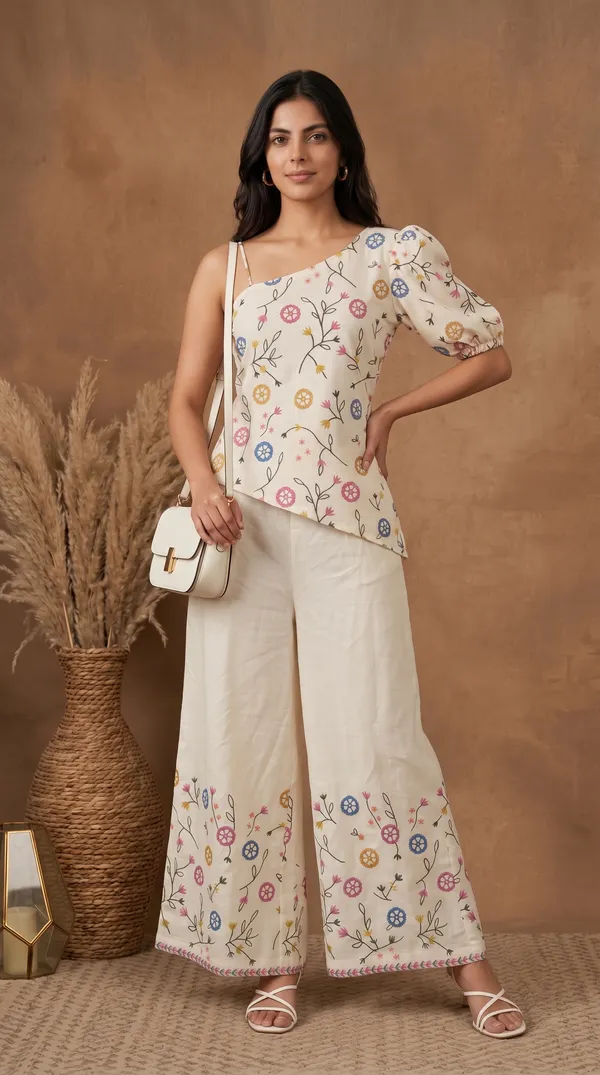 White_Linen_Cotton_Floral_Print_Asymmetric_Top_Palazzo_Set_For_Women
