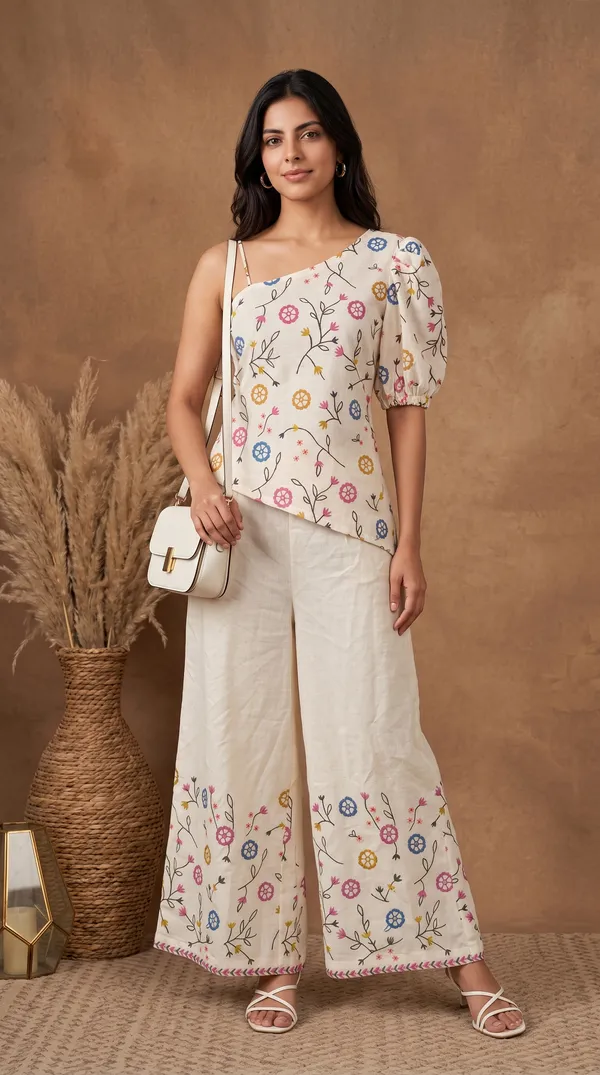 White_Linen_Cotton_Floral_Print_Asymmetric_Top_Palazzo_Set_For_Women
