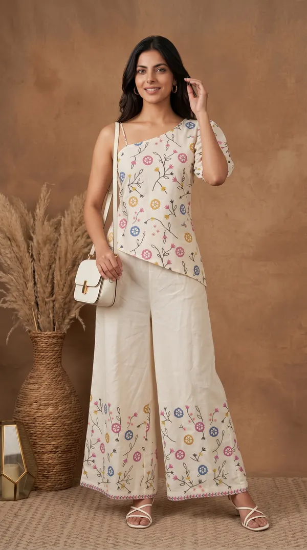 White_Linen_Cotton_Floral_Print_Asymmetric_Top_Palazzo_Set_For_Women