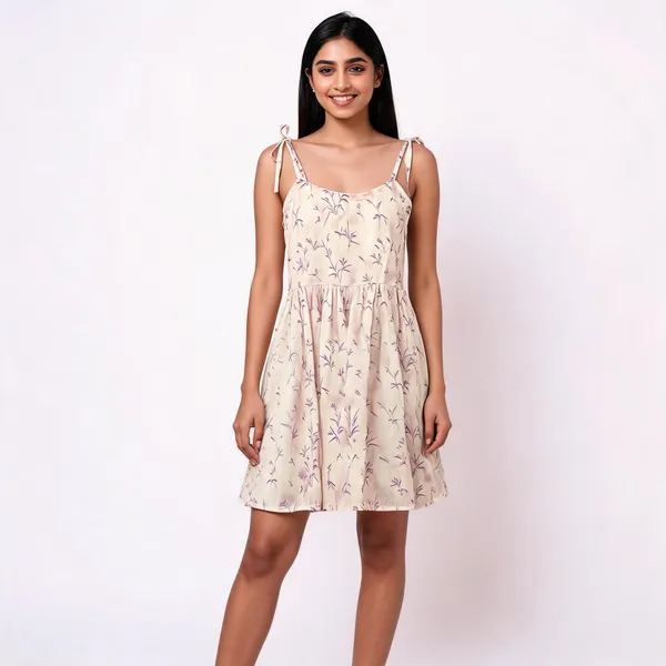 Cream_Cotton_Floral_Print_Strappy_Dress_For_Girls