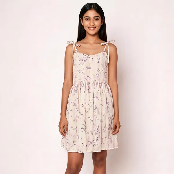Cream_Cotton_Floral_Print_Strappy_Dress_For_Girls