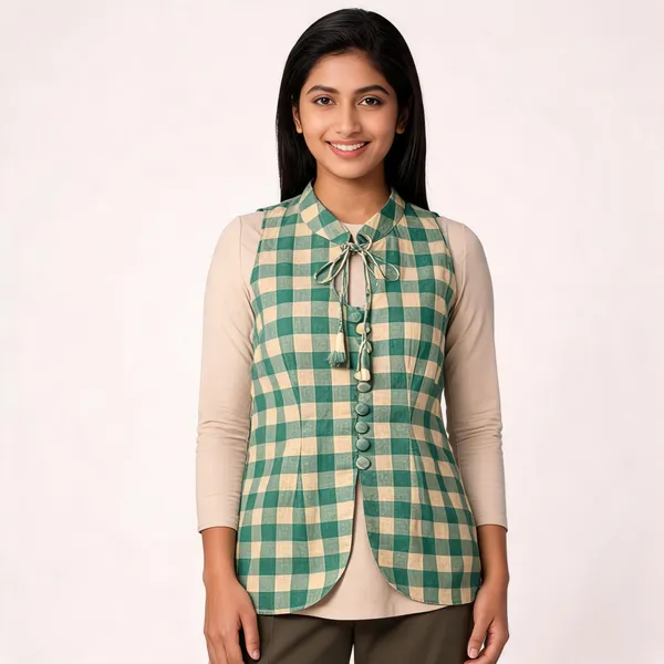 Green_Linen_Checkered_Sleeveless_Waistcoat_For_Boys
