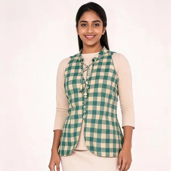 Green_Linen_Checkered_Sleeveless_Waistcoat_For_Boys