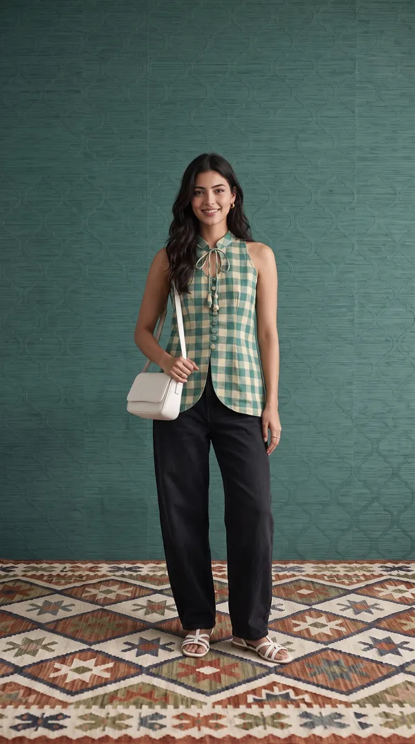 Green_Linen_Checkered_Sleeveless_Waistcoat_For_Women