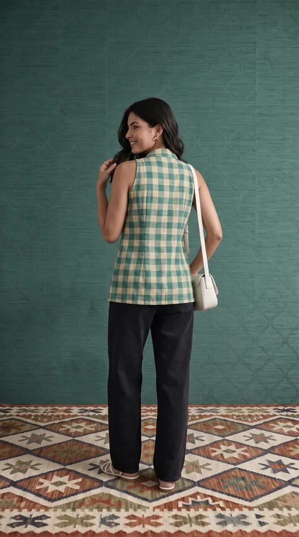 Green_Linen_Checkered_Sleeveless_Waistcoat_For_Women