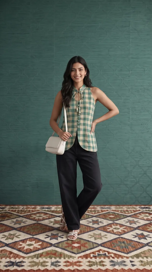 Green_Linen_Checkered_Sleeveless_Waistcoat_For_Women