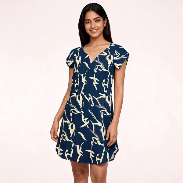 Blue_Rayon_Abstract_Print_A_Line_Dress_For_Girls