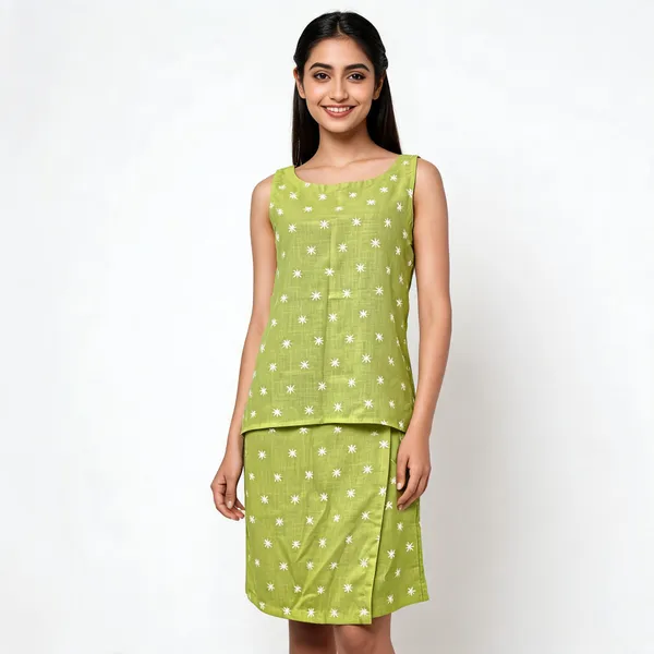 Green_Linen_Cotton_Floral_Print_Sleeveless_Kurti_Dress_For_Women