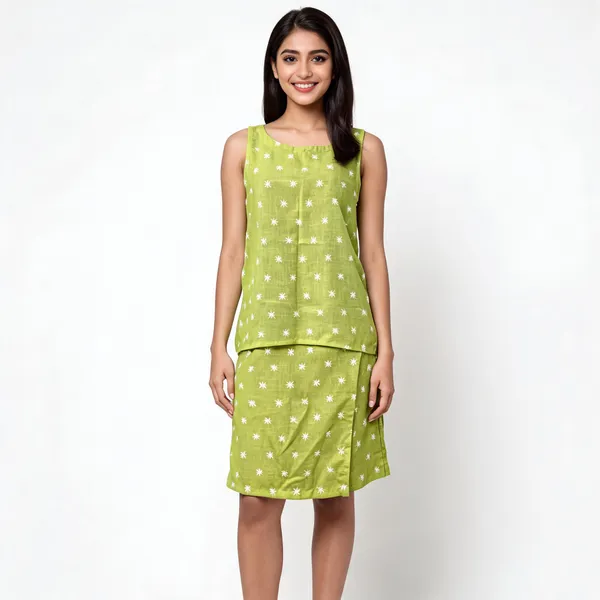 Green_Linen_Cotton_Floral_Print_Sleeveless_Kurti_Dress_For_Women