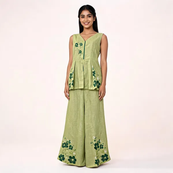 Green_Linen_Cotton_Sleeveless_Peplum_Kurta_Set_For_Women