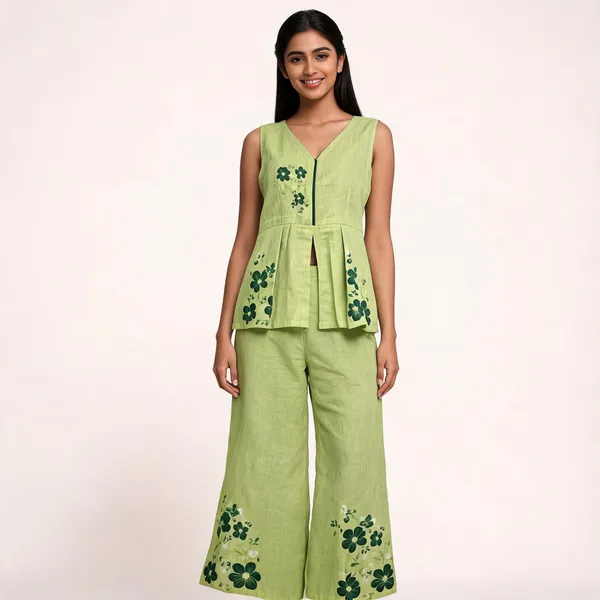 Green_Linen_Cotton_Sleeveless_Peplum_Kurta_Set_For_Women
