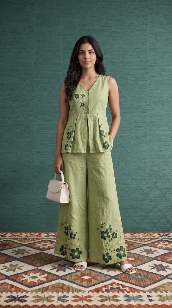 Green_Linen_Cotton_Sleeveless_Peplum_Kurta_Set_For_Women