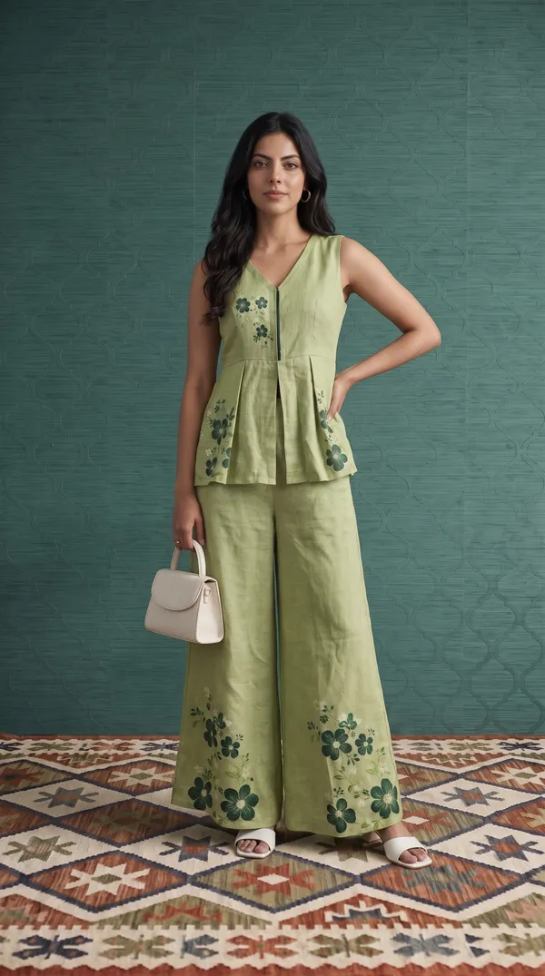Green_Linen_Cotton_Sleeveless_Peplum_Kurta_Set_For_Women