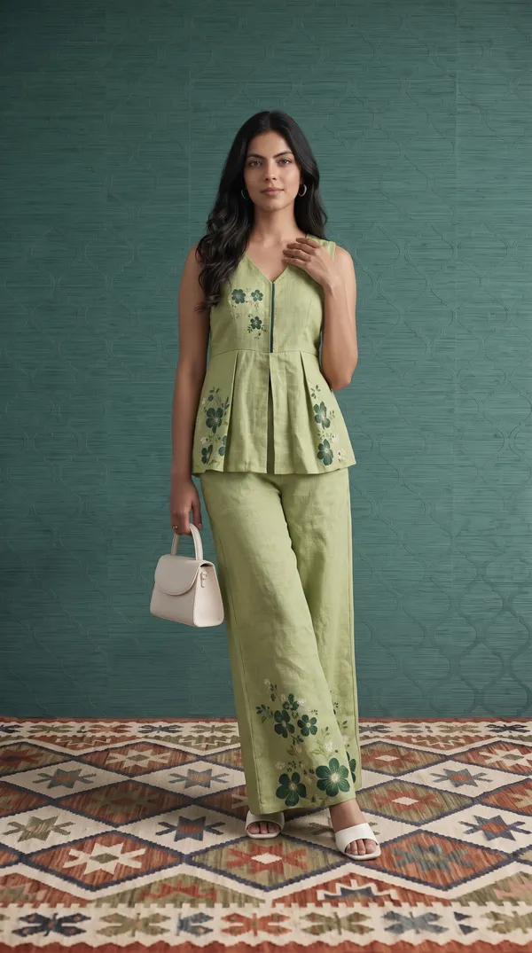 Green_Linen_Cotton_Sleeveless_Peplum_Kurta_Set_For_Women