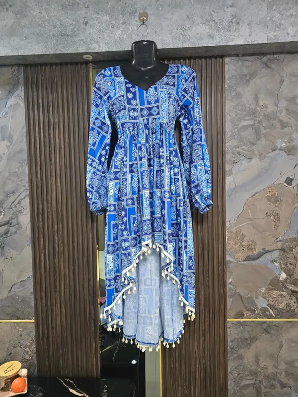 Blue_Printed_Flared_High-Low_Kurta_for_Women