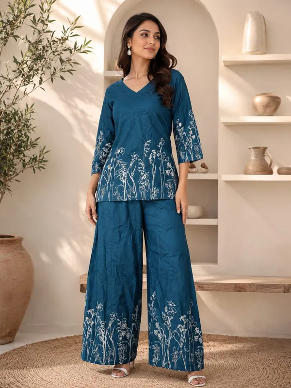 Teal_Floral_Print_Kurta_Palazzo_Set_for_Women
